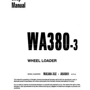 May include: A white shop manual with the text "Shop Manual" at the top. The title "WA380-3 WHEEL LOADER" is prominently displayed in large, bold, black letters. Additional text includes serial numbers and copyright information.