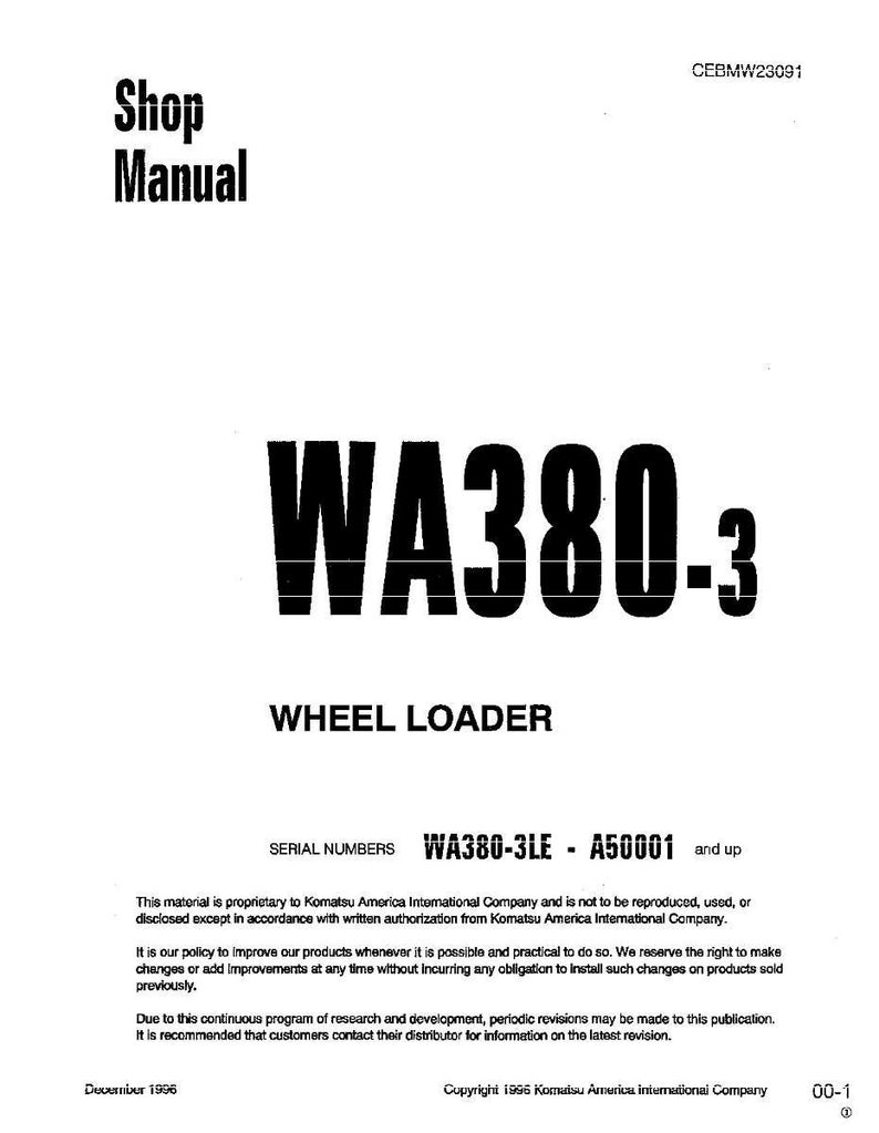 May include: A white shop manual with the text "Shop Manual" at the top. The title "WA380-3 WHEEL LOADER" is prominently displayed in large, bold, black letters. Additional text includes serial numbers and copyright information.