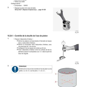 May include: Diagram of engine components with text in French. Includes a piston and connecting rod, a measuring tool, and a cylindrical diagram. The text includes "MOTEUR" and "CONTR&Ocirc;LE DU CORPS DE BIELLE".