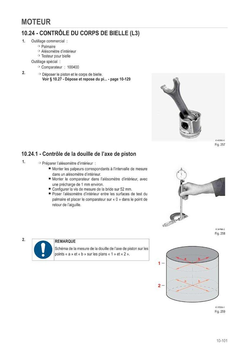May include: Diagram of engine components with text in French. Includes a piston and connecting rod, a measuring tool, and a cylindrical diagram. The text includes "MOTEUR" and "CONTR&Ocirc;LE DU CORPS DE BIELLE".