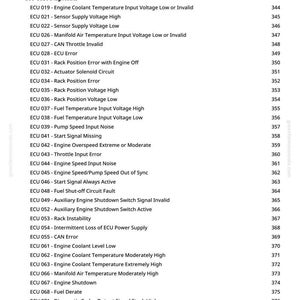 May include: A page from a manual with a list of ECU diagnostic codes, including engine coolant temperature, sensor supply voltage, and engine speed issues. The page also lists CCU codes and page numbers.