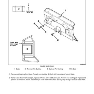 May include: Diagram illustrating blade bushings for mounted equipment. Features labeled components: blade, trunnion pin bushing, cylinder pin bushing, and pin seal. Includes a measurement of 6.35 mm. Instructions for bushing replacement are provided.