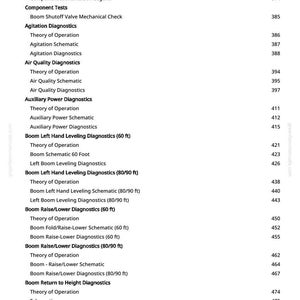 May include: A page from a manual with a list of technical terms and page numbers. The text includes terms like "Agitation Diagnostics", "Air Quality Diagnostics", and "Boom Leveling Diagnostics". The page number is 9.
