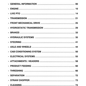Puede incluir: Una p&aacute;gina en blanco y negro titulada "CONTENT" enumera secciones y n&uacute;meros de p&aacute;gina. Las secciones incluyen "GENERAL INFORMATION", "ENGINE", "LIVE PTO", "TRANSMISSION" y m&aacute;s. Los n&uacute;meros de p&aacute;gina van del 00 al 80.
