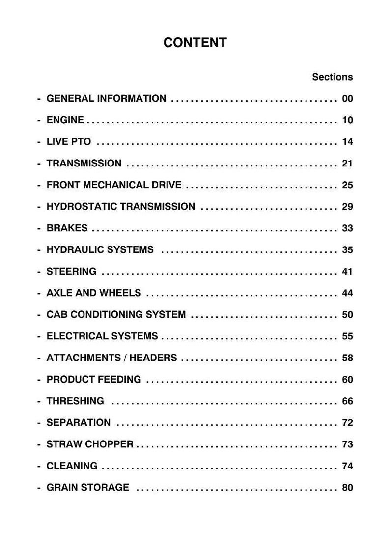 Puede incluir: Una p&aacute;gina en blanco y negro titulada "CONTENT" enumera secciones y n&uacute;meros de p&aacute;gina. Las secciones incluyen "GENERAL INFORMATION", "ENGINE", "LIVE PTO", "TRANSMISSION" y m&aacute;s. Los n&uacute;meros de p&aacute;gina van del 00 al 80.