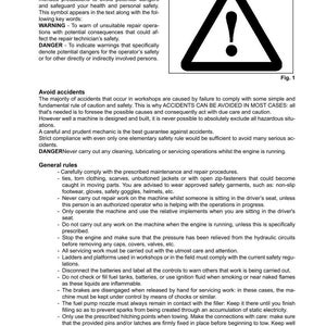 May include: A page from a manual titled "SAFETY NOTES" with a warning symbol inside a triangle. The text provides safety instructions and warnings for machinery maintenance and repair, including avoiding accidents and following general rules.