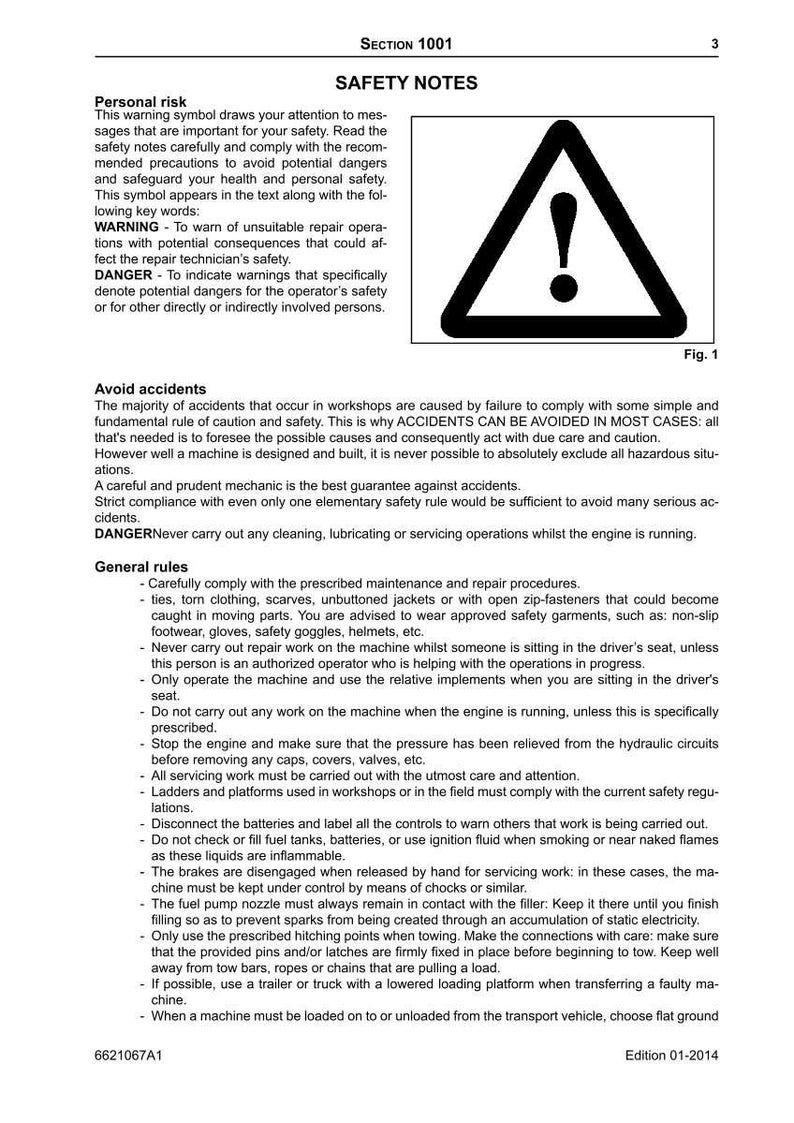 May include: A page from a manual titled "SAFETY NOTES" with a warning symbol inside a triangle. The text provides safety instructions and warnings for machinery maintenance and repair, including avoiding accidents and following general rules.