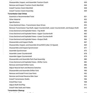 May include: A page from a manual with a list of automotive repair procedures, including "Remove Traction Clutch Assembly" and "Install Transmission Shafts." The text is black on a white background, with page numbers on the right.