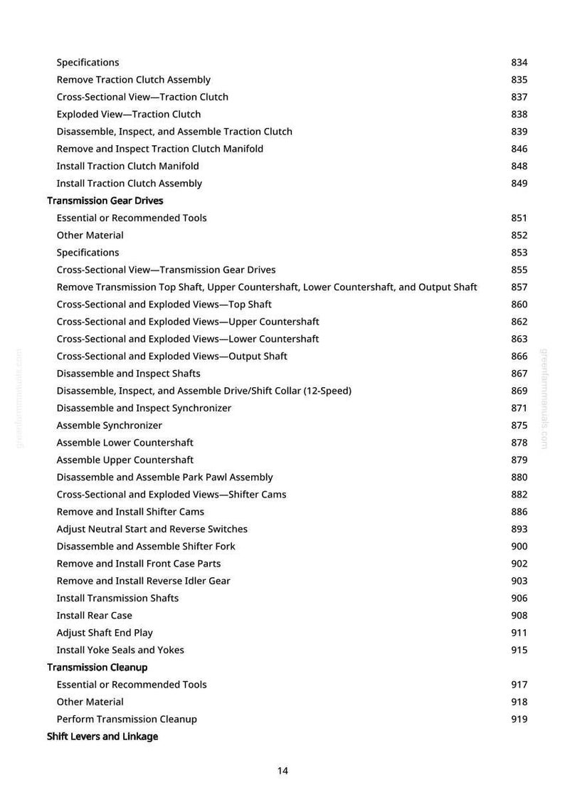 May include: A page from a manual with a list of automotive repair procedures, including "Remove Traction Clutch Assembly" and "Install Transmission Shafts." The text is black on a white background, with page numbers on the right.