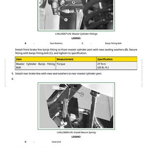 May include: Diagram of master cylinder fittings and brake line installation. Includes close-up images of banjo fitting bolts, seal washers, and a return spring. Text provides instructions and torque specifications in lb.-ft.