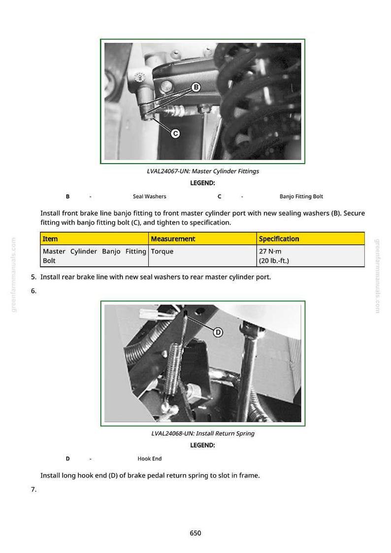 May include: Diagram of master cylinder fittings and brake line installation. Includes close-up images of banjo fitting bolts, seal washers, and a return spring. Text provides instructions and torque specifications in lb.-ft.