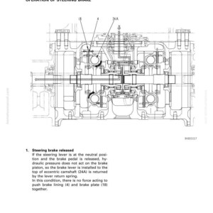 May include: Technical diagram of a mechanical system, likely a vehicle component. The image is a detailed black and white illustration with labels and annotations. The text includes "Structure and Function" and "Operation of Steering Brake."