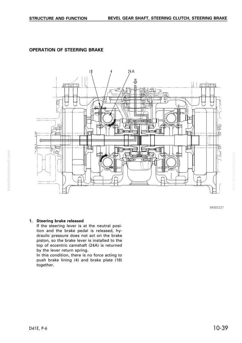 May include: Technical diagram of a mechanical system, likely a vehicle component. The image is a detailed black and white illustration with labels and annotations. The text includes "Structure and Function" and "Operation of Steering Brake."