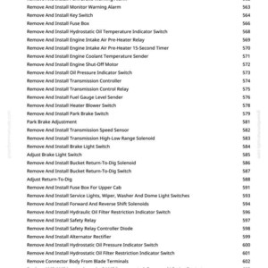 May include: A page from a greenfammanuals.com manual detailing automotive repair instructions. The list includes "Remove and Install" procedures for components such as relays, switches, and sensors. The text is black on a white background.