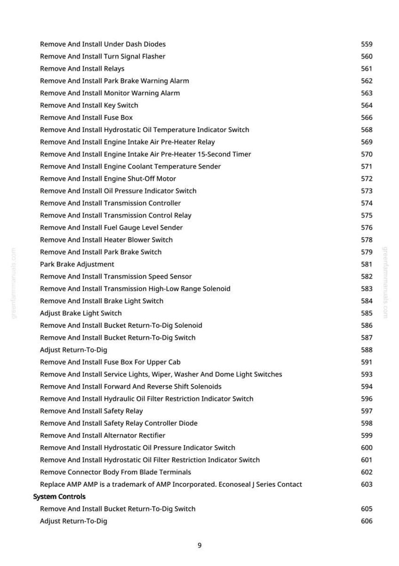 May include: A page from a greenfammanuals.com manual detailing automotive repair instructions. The list includes "Remove and Install" procedures for components such as relays, switches, and sensors. The text is black on a white background.