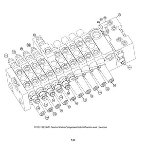 May include: Isometric view of a control valve component, rendered in black and white. The component features multiple cylindrical sections with various ports and fittings. Text at the bottom reads "TX1131563-UN: Control Valve Component Identification and Location."