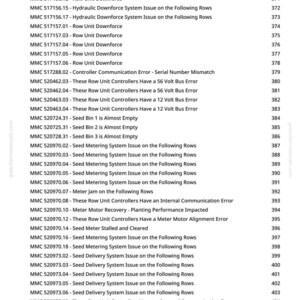 May include: A page from a manual with a list of error codes and descriptions, including "Hydraulic Downforce System Issue" and "Seed Metering System Issue". The page number is 10.