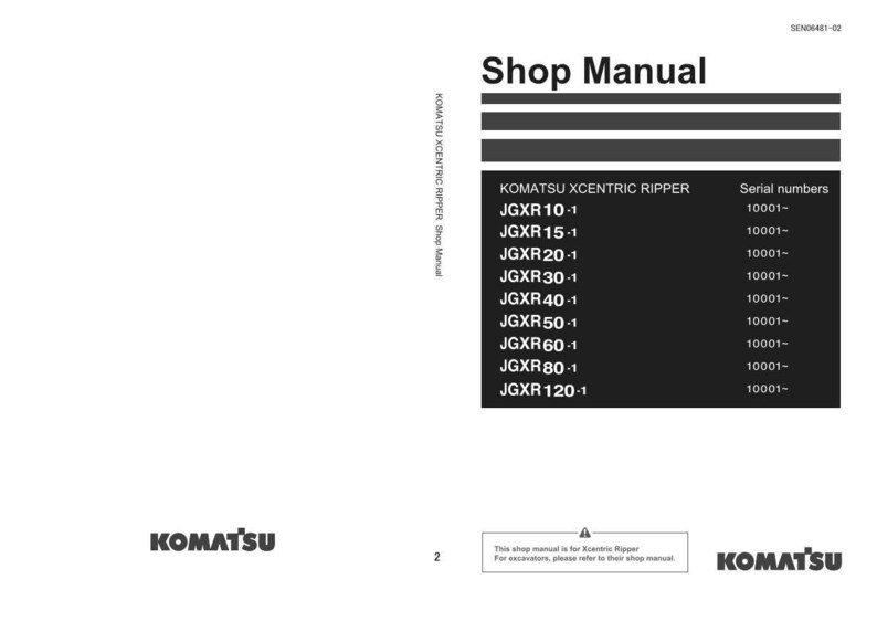 Pu&ograve; includere: Un manuale d'officina con il titolo "Shop Manual" e il logo Komatsu. Il manuale elenca i modelli Komatsu Xcentric Ripper JGXR10-1, JGXR15-1, JGXR20-1, JGXR30-1, JGXR40-1, JGXR50-1, JGXR60-1, JGXR80-1 e JGXR120-1.