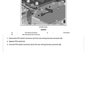 Puede incluir: Diagrama que ilustra la sustituci&oacute;n de un interruptor de toma de fuerza (TDF). La imagen muestra el conector del interruptor de la TDF, el conector del mazo de cables trasero y el interruptor de la TDF. Se proporcionan instrucciones.