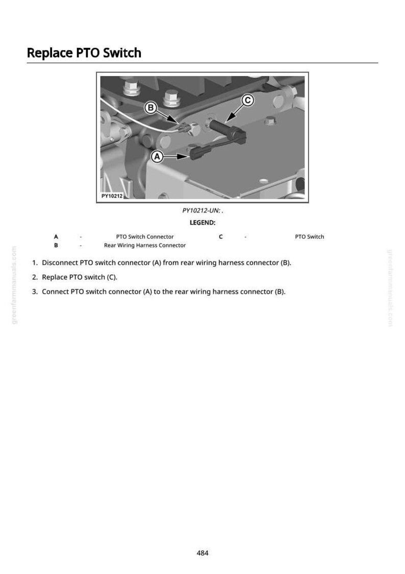 Puede incluir: Diagrama que ilustra la sustituci&oacute;n de un interruptor de toma de fuerza (TDF). La imagen muestra el conector del interruptor de la TDF, el conector del mazo de cables trasero y el interruptor de la TDF. Se proporcionan instrucciones.