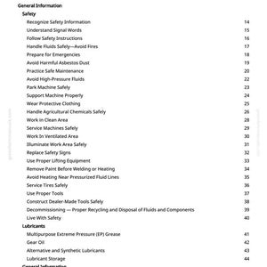 May include: A white page with a table of contents from a manual. The title "Table of Contents" is at the top, followed by sections like "Safety" and "Lubricants." The page includes a list of safety instructions and other important information.