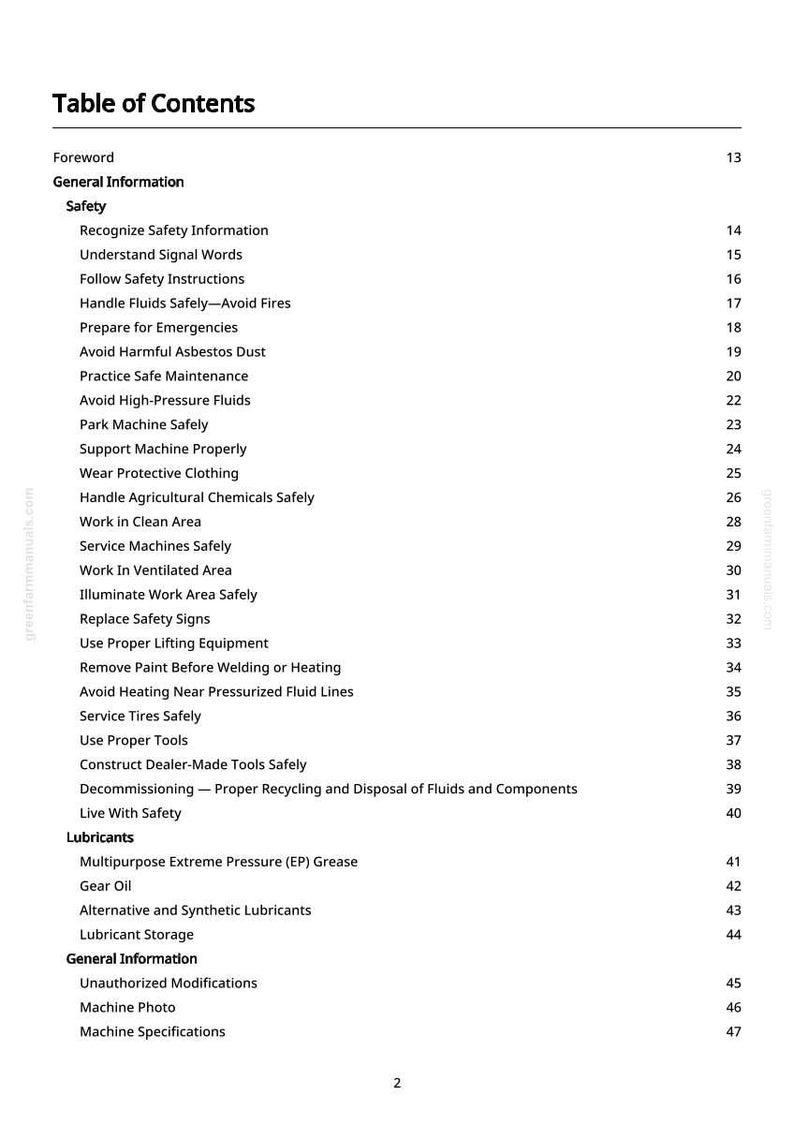 May include: A white page with a table of contents from a manual. The title "Table of Contents" is at the top, followed by sections like "Safety" and "Lubricants." The page includes a list of safety instructions and other important information.