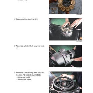 K&ouml;nnte beinhalten: Bilder aus einer Montageanleitung, die die Schritte zur Montage mechanischer Komponenten zeigen. Die Bilder zeigen H&auml;nde, die mit verschiedenen Metallteilen arbeiten, darunter eine Kolbenbaugruppe, ein Zylinderblock und Auskleideplatten. Text begleitet jeden Schritt.