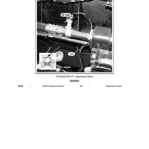 Pu&ograve; includere: Diagramma in bianco e nero di una valvola di espansione, etichettata V1, con un sensore di pressione HVAC, etichettato B144. L'immagine include il testo "V1 - Expansion Valve" e "H121622-UN: V1 - Expansion Valve".