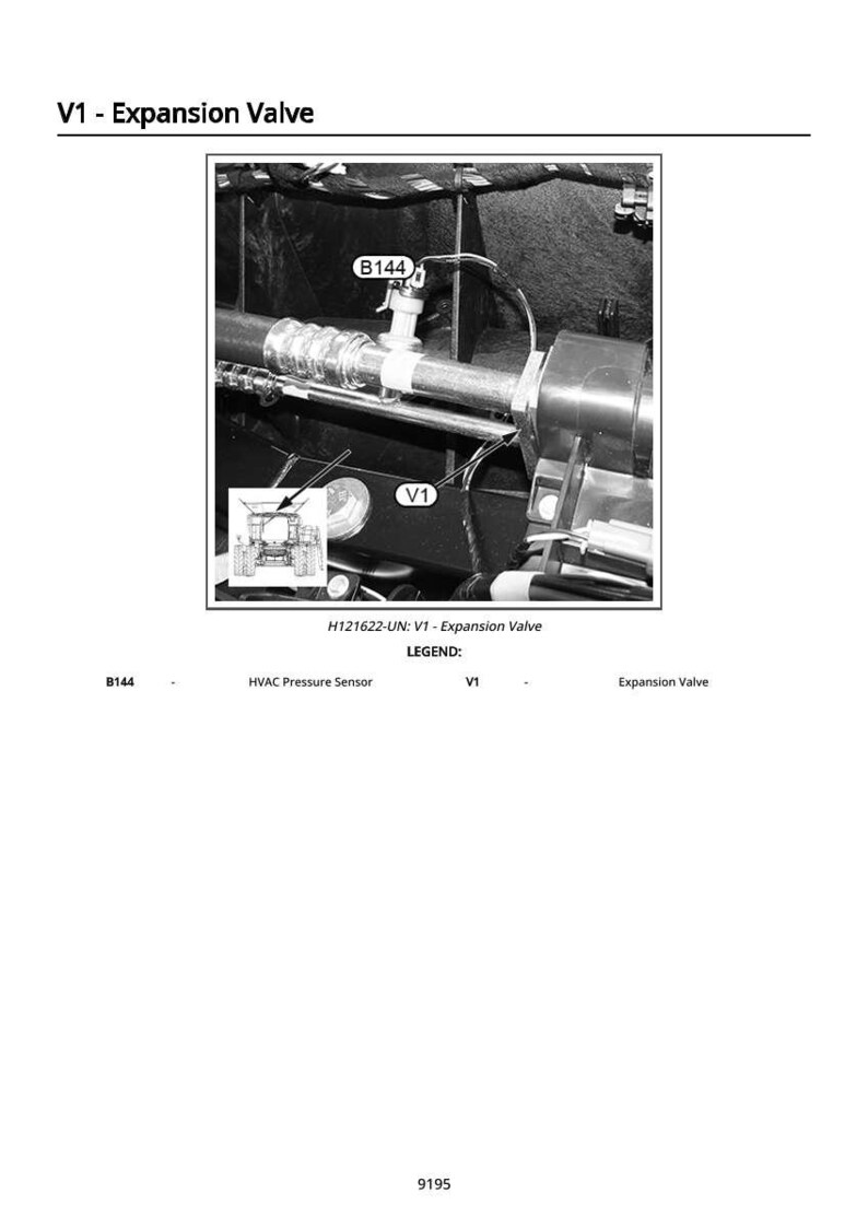 Pu&ograve; includere: Diagramma in bianco e nero di una valvola di espansione, etichettata V1, con un sensore di pressione HVAC, etichettato B144. L'immagine include il testo "V1 - Expansion Valve" e "H121622-UN: V1 - Expansion Valve".
