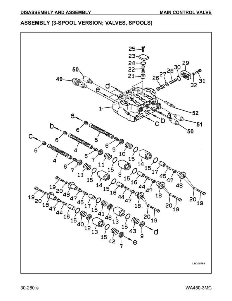 K&ouml;nnte beinhalten: Detaillierte Diagramm einer Hauptsteuerventilbaugruppe (3-Wege-Version) mit Ventilen und Spulen. Das Bild zeigt nummerierte Komponenten wie Schrauben, Federn und Anschl&uuml;sse. Der Text oben lautet "DEMONTAGE UND MONTAGE".