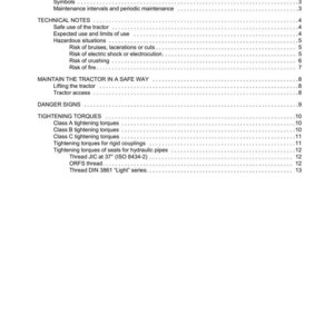May include: A white document with the title "CONTENTS" and a list of topics including "INTRODUCTION", "TECHNICAL NOTES", and "TIGHTENING TORQUES". The document is for Argo Tractors and includes safety information and technical specifications.