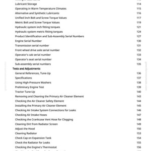 Puede incluir: Una p&aacute;gina blanca con una lista de temas de mantenimiento de tractores. Los temas incluyen el mantenimiento del motor, la limpieza y la comprobaci&oacute;n de varios componentes. La p&aacute;gina es de greenfarmmanuals.com.