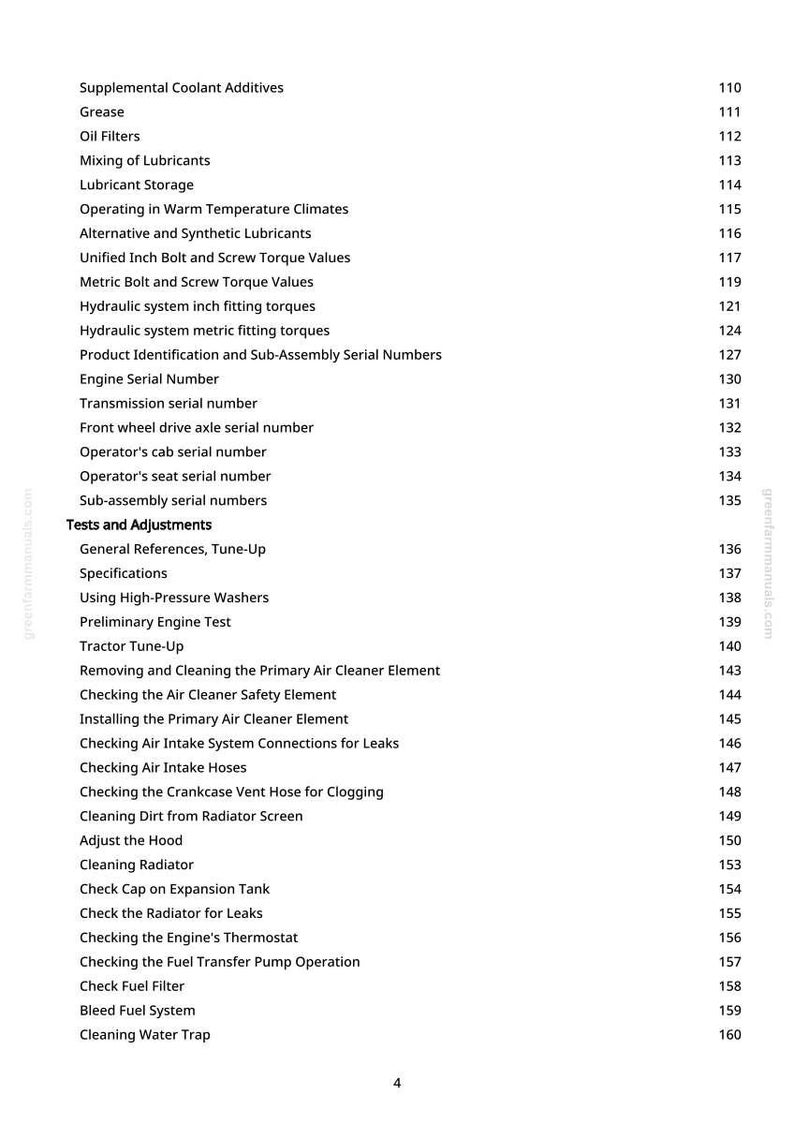 Puede incluir: Una p&aacute;gina blanca con una lista de temas de mantenimiento de tractores. Los temas incluyen el mantenimiento del motor, la limpieza y la comprobaci&oacute;n de varios componentes. La p&aacute;gina es de greenfarmmanuals.com.