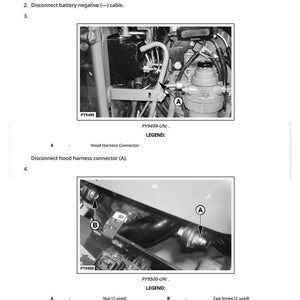 May include: Diagram illustrating the steps to remove and install a hood. The image shows close-ups of engine components, including a hood harness connector and mounting bracket. Text instructions accompany the images.