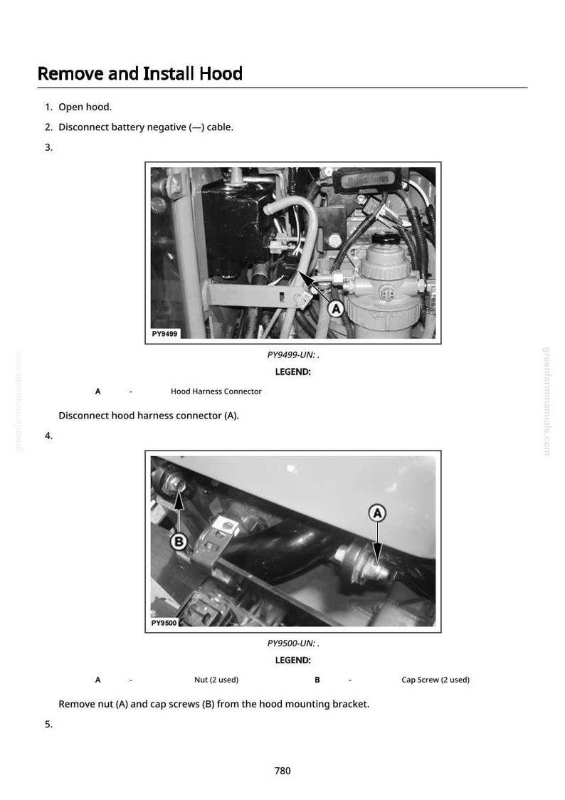 May include: Diagram illustrating the steps to remove and install a hood. The image shows close-ups of engine components, including a hood harness connector and mounting bracket. Text instructions accompany the images.