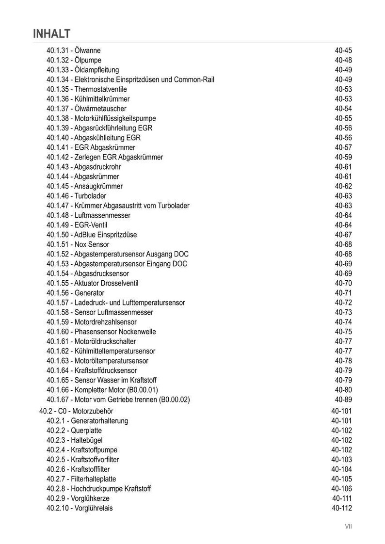 May include: A detailed German table of contents, listing automotive engine components. Includes items like oil pumps, sensors, and filters, with page numbers. The document is printed on white paper.