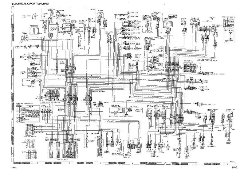 Op de afbeelding: Een gedetailleerd zwart-wit elektrisch schema. Het schema bevat talrijke symbolen, lijnen en tekstlabels, die de verbindingen en componenten van een elektrisch systeem illustreren. De titel "ELECTRICAL CIRCUIT DIAGRAM" staat bovenaan.