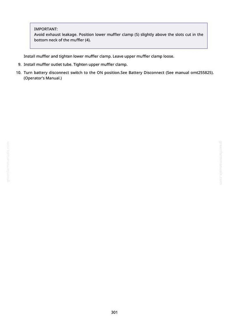 Puede incluir: Una p&aacute;gina del manual del operador con instrucciones para instalar un silenciador. El texto incluye pasos para apretar las abrazaderas y conectar el interruptor de desconexi&oacute;n de la bater&iacute;a. La p&aacute;gina tambi&eacute;n incluye una advertencia sobre fugas de escape.