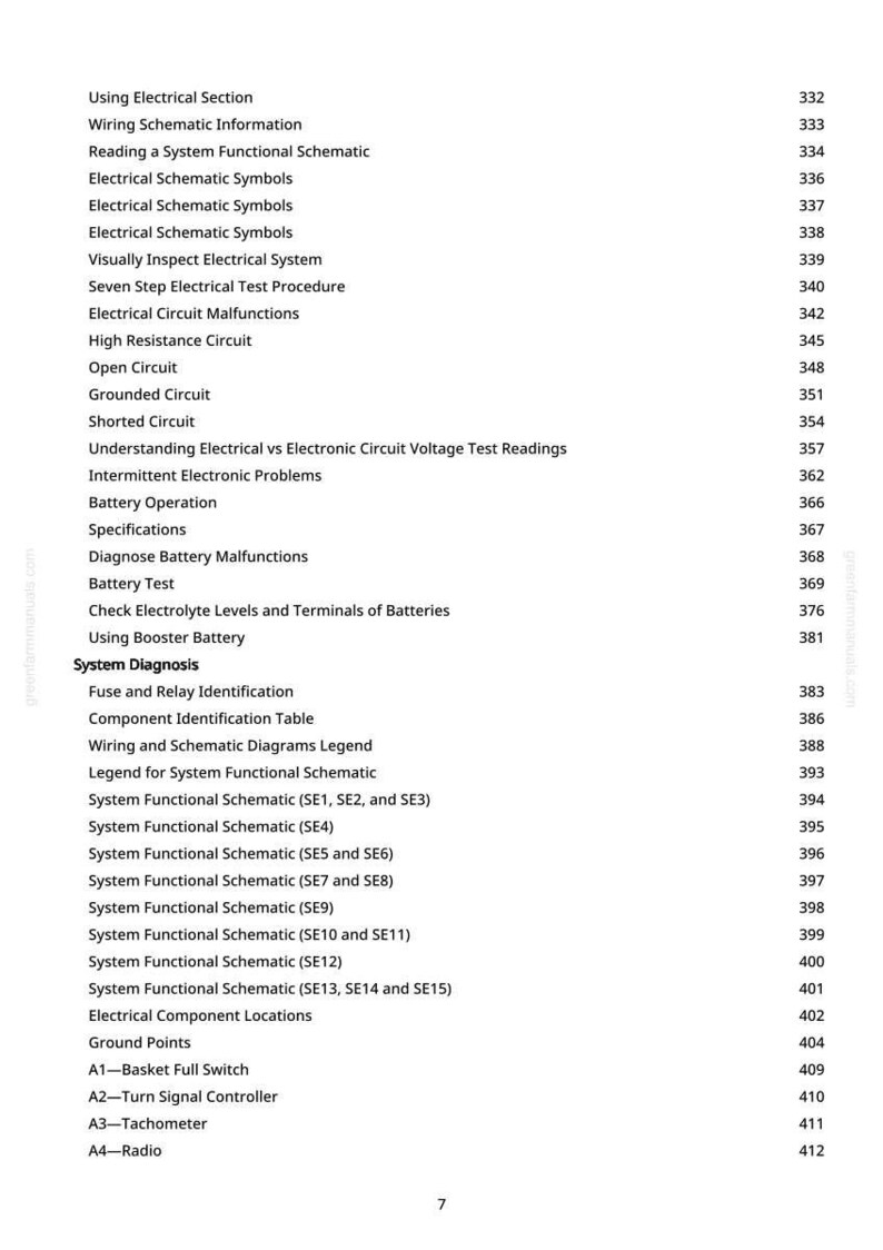 May include: A page from a manual with a table of contents related to electrical systems. The text includes topics like "Wiring Schematic Information", "Battery Test", and "System Diagnosis". Page numbers are listed on the right.