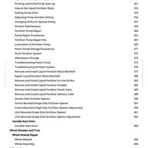 May include: A manual page featuring a detailed table of contents. Key topics include "Fertilizer Pump Repair," "Variable Rate Drive," and "Vacuum Meter." Page numbers are displayed on the right.