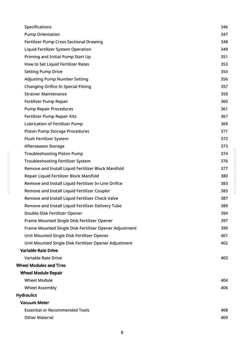 May include: A manual page featuring a detailed table of contents. Key topics include "Fertilizer Pump Repair," "Variable Rate Drive," and "Vacuum Meter." Page numbers are displayed on the right.