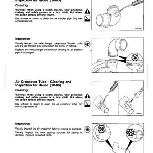 May include: Diagram of air intake system components, including air transfer pipes and crossover tubes. Instructions for cleaning and inspection are provided, with warnings about steam cleaning and potential injury. Page 10-9.