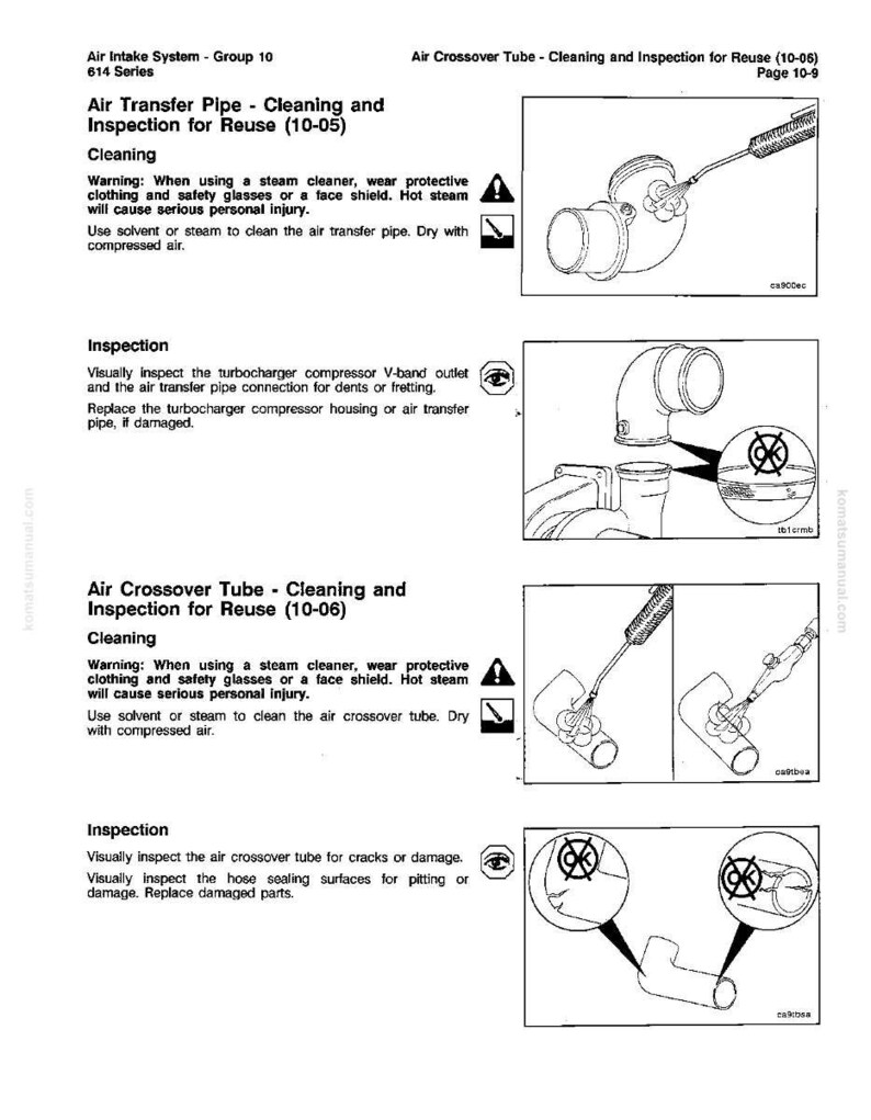 May include: Diagram of air intake system components, including air transfer pipes and crossover tubes. Instructions for cleaning and inspection are provided, with warnings about steam cleaning and potential injury. Page 10-9.