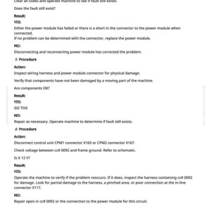 Peut inclure: Un document blanc avec du texte noir d&eacute;taillant les proc&eacute;dures de r&eacute;paration de machines. Le texte comprend des instructions pour d&eacute;connecter et reconnecter les connecteurs, v&eacute;rifier la tension et inspecter les faisceaux de c&acirc;bles. Le document est de greenfarmmanuals.com.