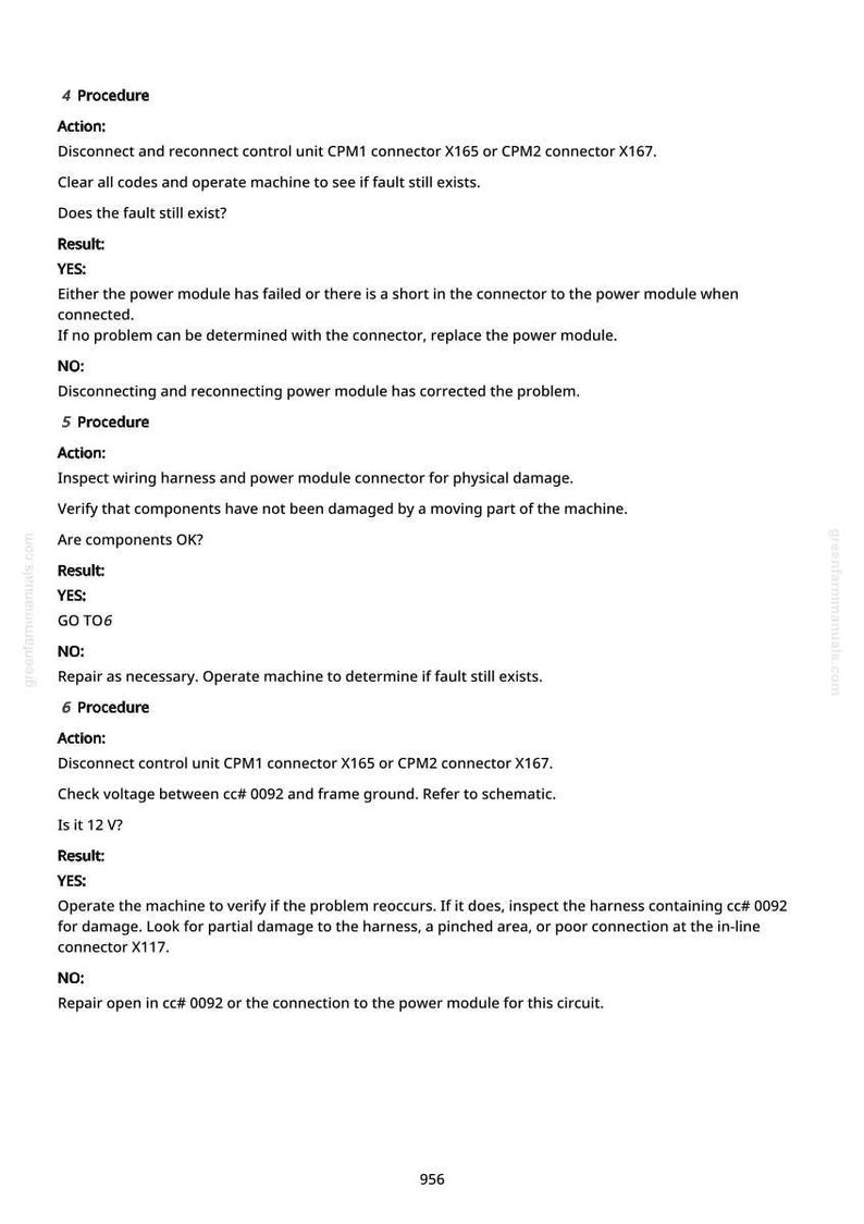 Peut inclure: Un document blanc avec du texte noir d&eacute;taillant les proc&eacute;dures de r&eacute;paration de machines. Le texte comprend des instructions pour d&eacute;connecter et reconnecter les connecteurs, v&eacute;rifier la tension et inspecter les faisceaux de c&acirc;bles. Le document est de greenfarmmanuals.com.