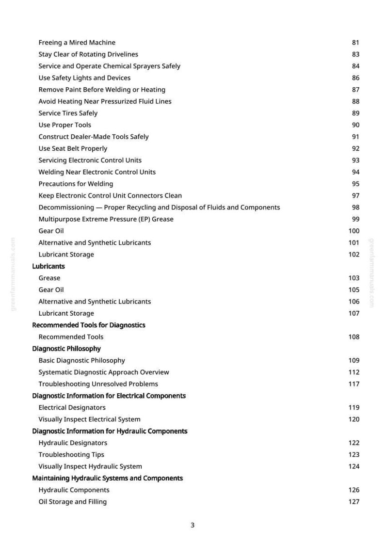 May include: A page from a manual with a list of topics, including "Freeing a Mired Machine," "Service Tires Safely," and "Diagnostic Information for Electrical Components." The page numbers are listed on the right.