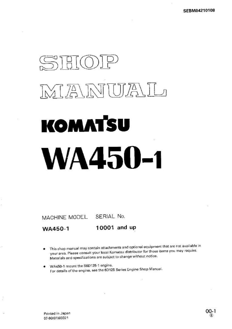 May include: A white shop manual with the text "SHOP MANUAL KOMATSU WA450-1". The manual includes the machine model WA450-1 and serial number 10001 and up. The document is printed in Japan.