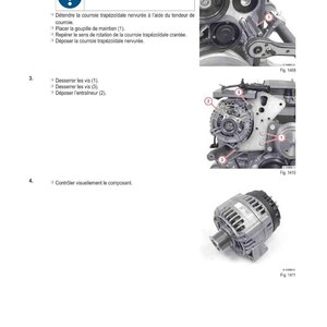 Op de afbeelding: Diagram van auto-motoronderdelen met Franse tekst. Bevat afbeeldingen van een riem, katrollen en een generator. De tekst bevat instructies voor inspectie en verwijdering van onderdelen.