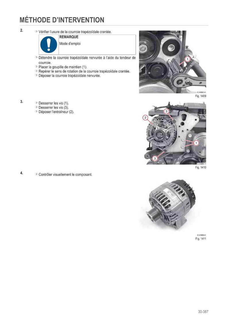 Op de afbeelding: Diagram van auto-motoronderdelen met Franse tekst. Bevat afbeeldingen van een riem, katrollen en een generator. De tekst bevat instructies voor inspectie en verwijdering van onderdelen.