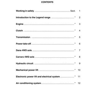 Puede incluir: Una p&aacute;gina blanca con el t&iacute;tulo "CONTENTS" y una lista de temas que incluyen "Working in safety", "Engine" y "Transmission". La p&aacute;gina es de un manual o gu&iacute;a.